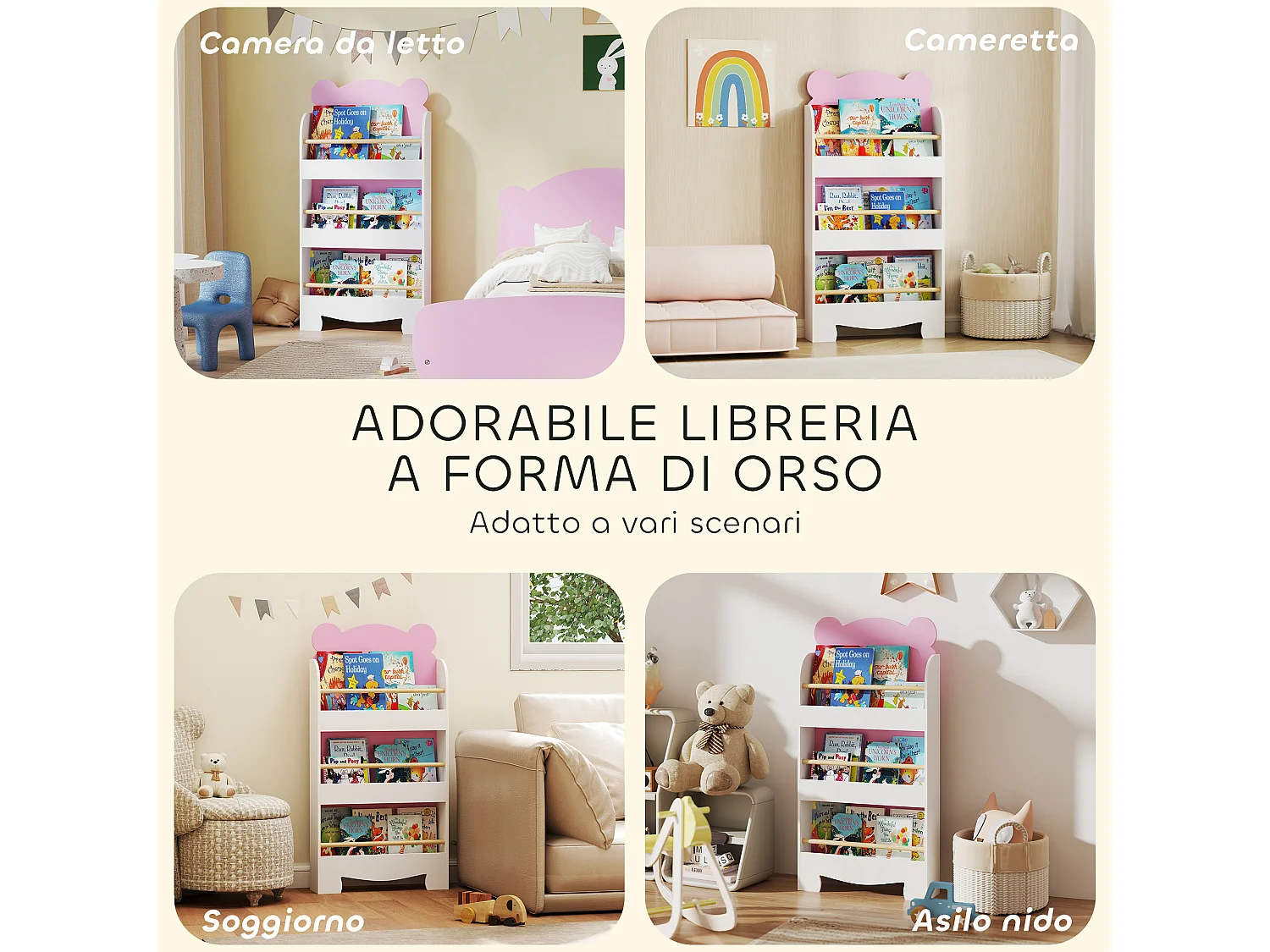 Libreria per bambini a 3 ripiani a forma di orsetto rosa
