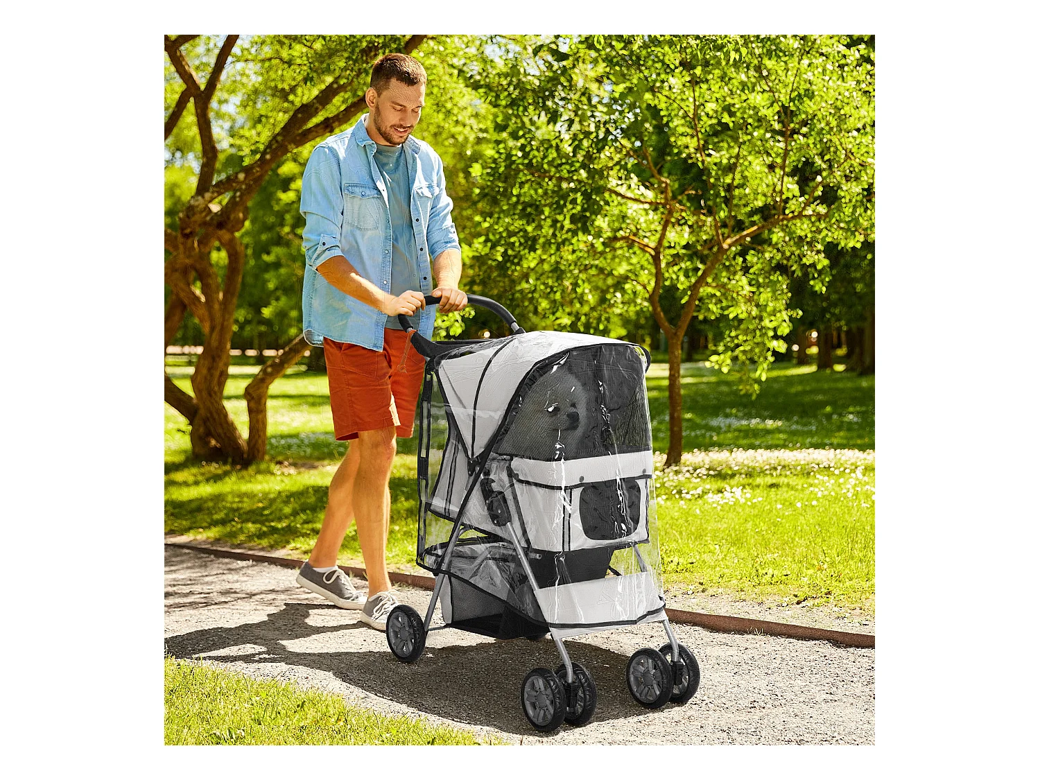 Passeggino per cani pieghevole con copertura antipioggia e freni grigio