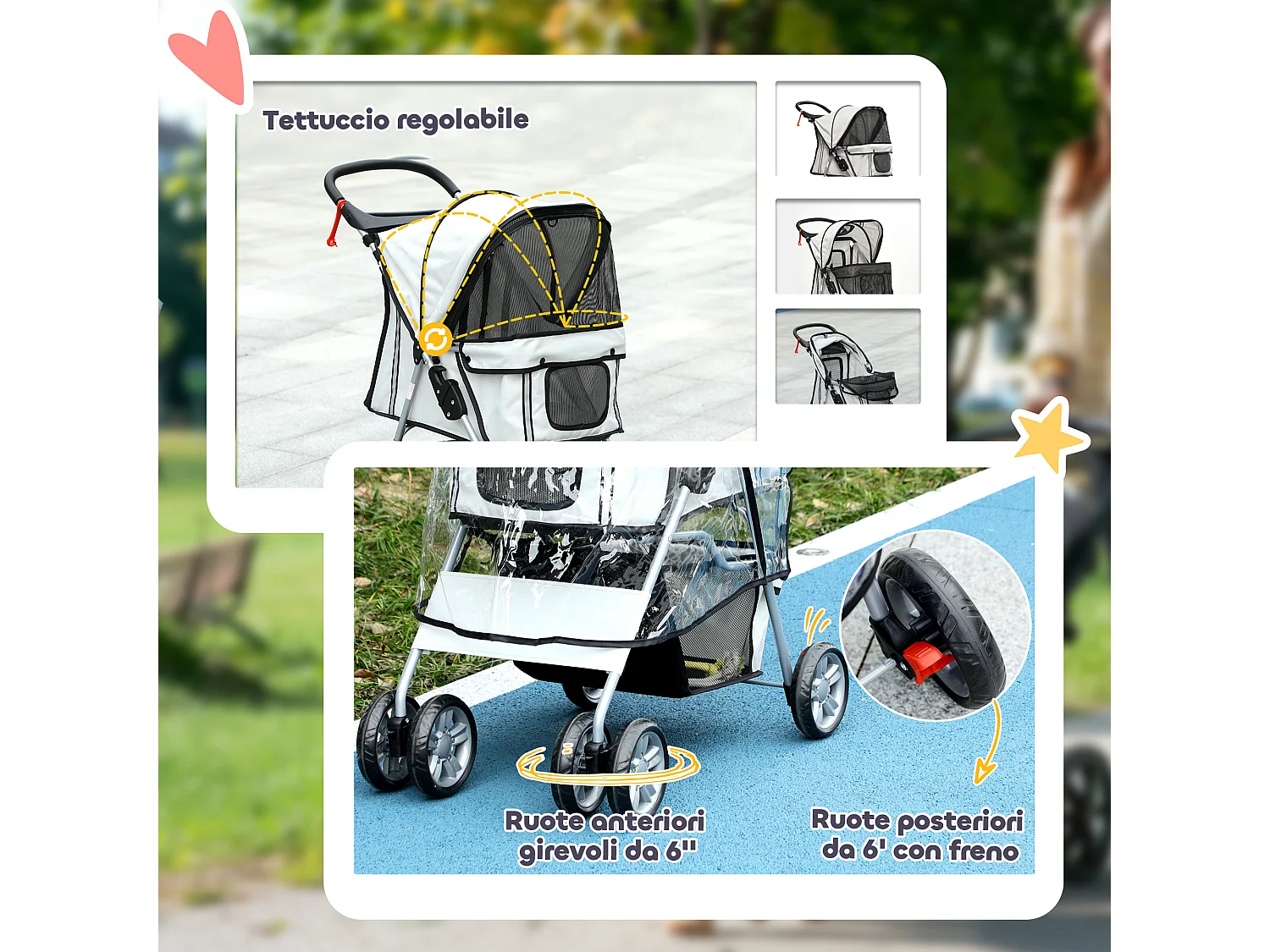 Passeggino per cani pieghevole con copertura antipioggia e freni grigio