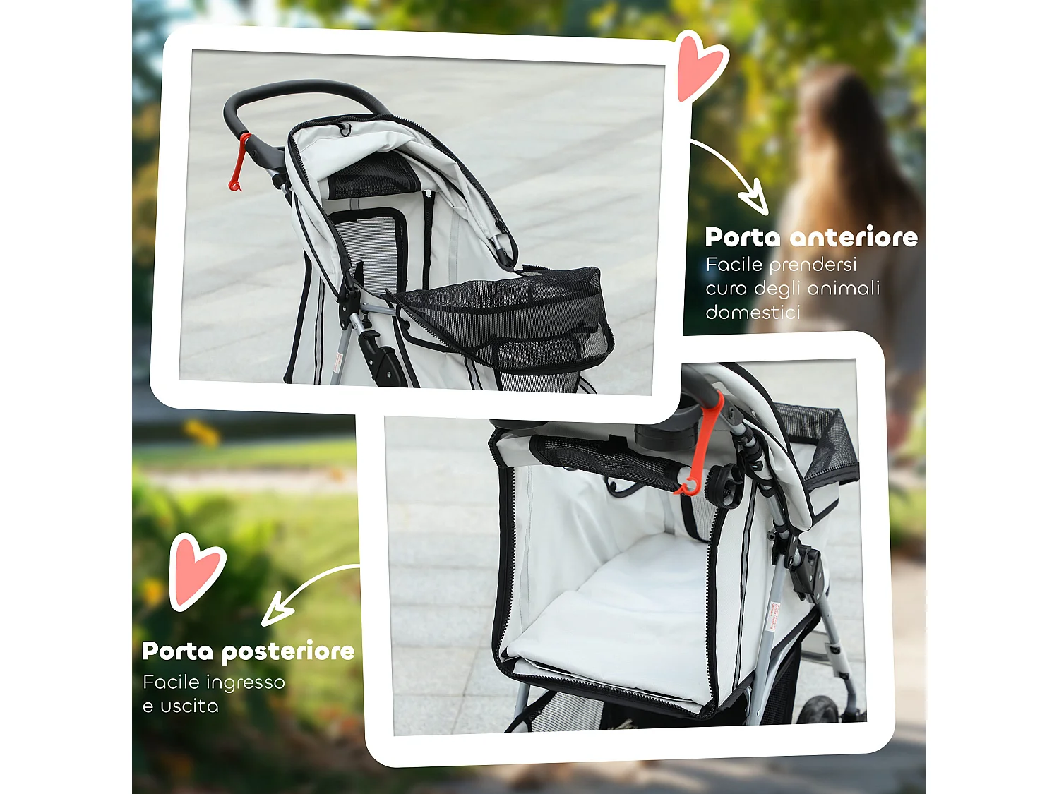 Passeggino per cani pieghevole con copertura antipioggia e freni grigio