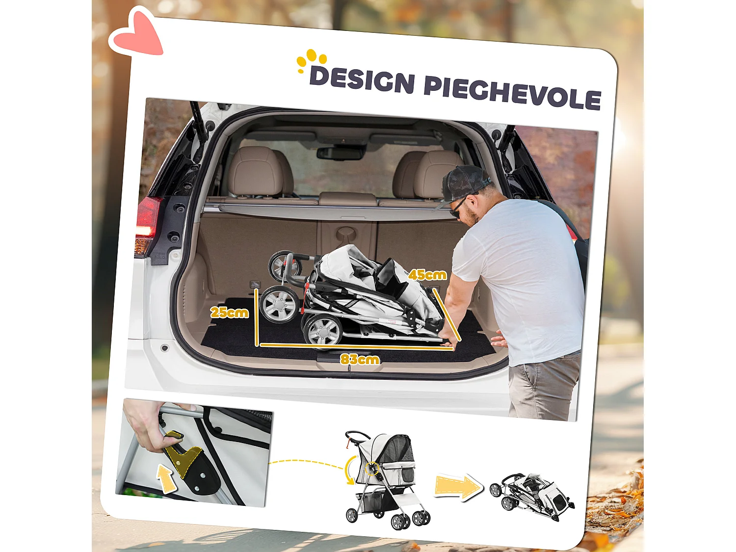 Passeggino per cani pieghevole con copertura antipioggia e freni grigio