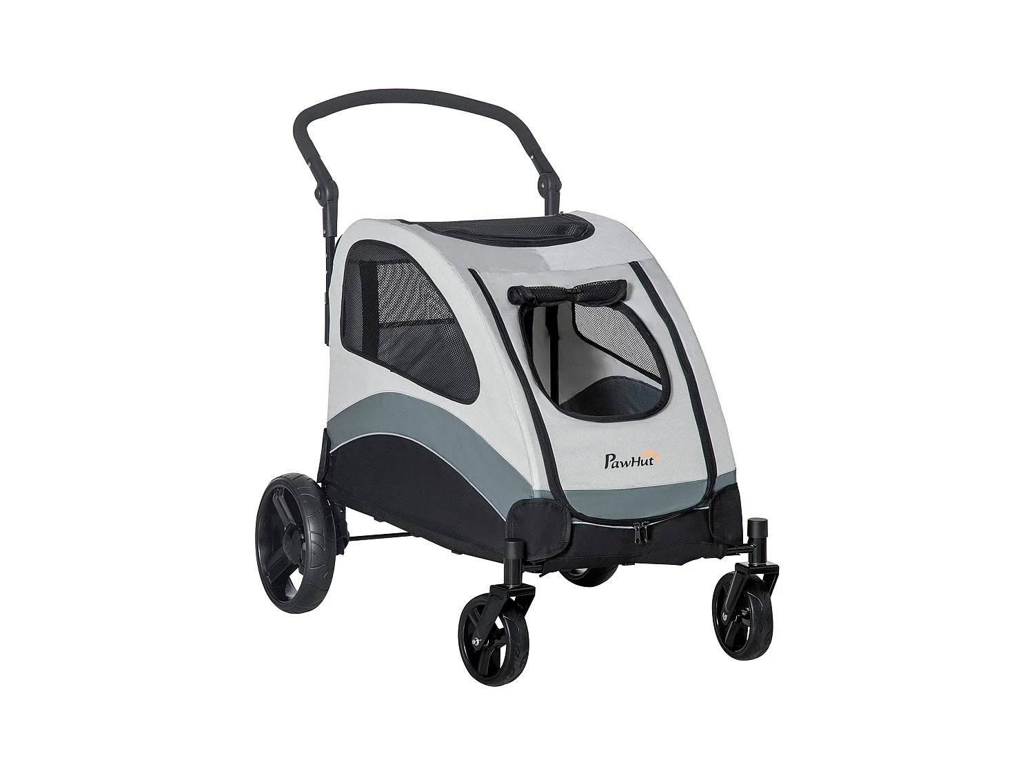 Passeggino per cani taglia media con 4 ruote e finestra a rete grigio