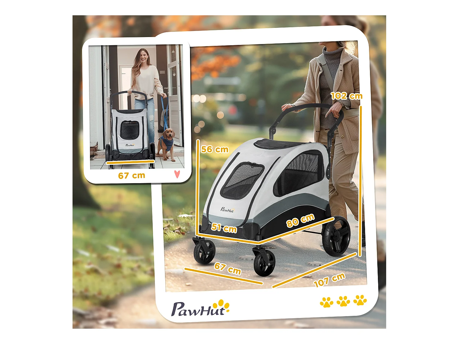 Passeggino per cani taglia media con 4 ruote e finestra a rete grigio