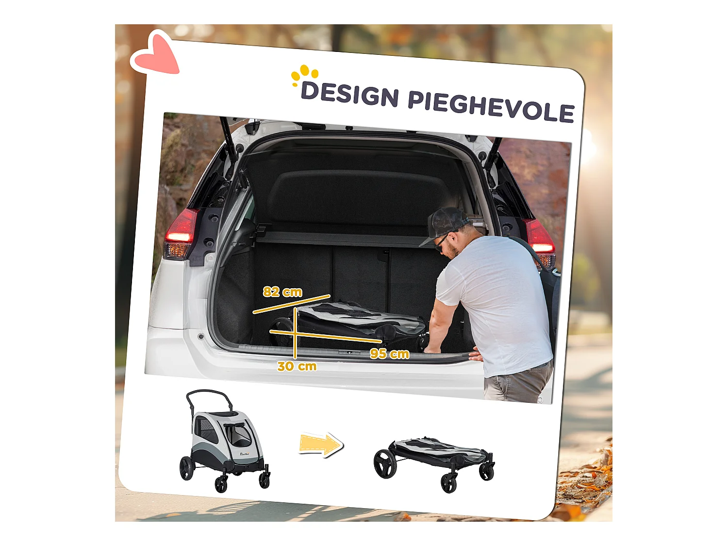 Passeggino per cani taglia media con 4 ruote e finestra a rete grigio