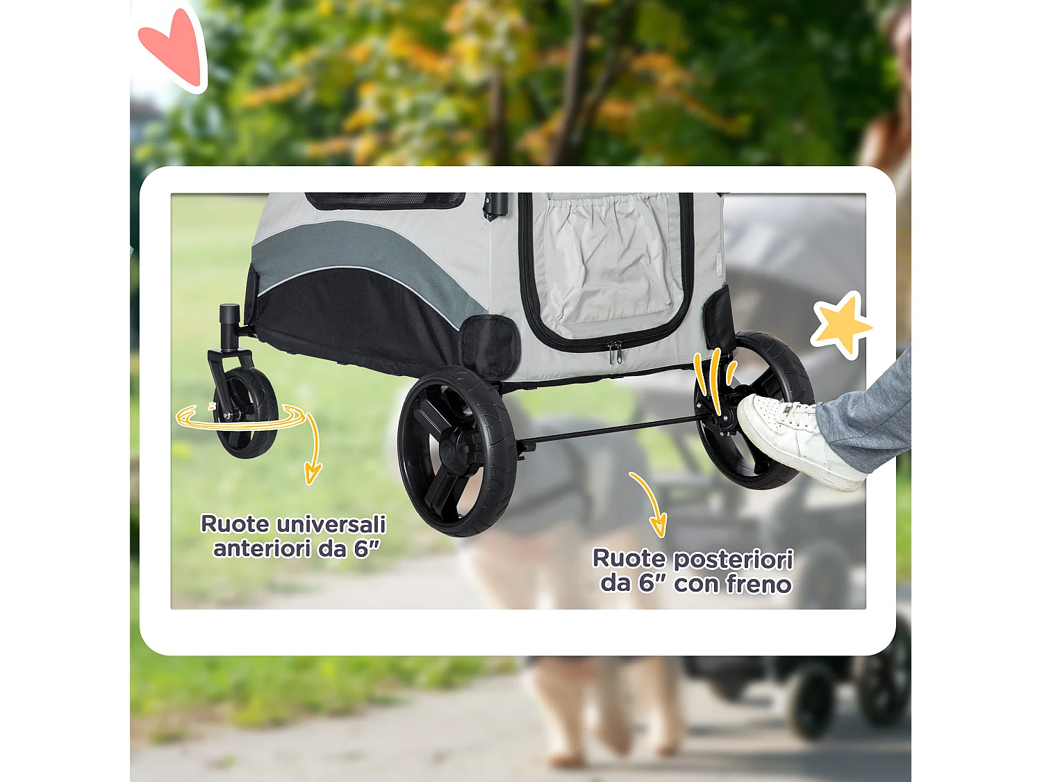 Passeggino per cani taglia media con 4 ruote e finestra a rete grigio