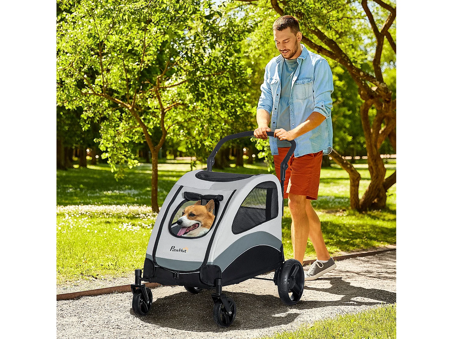 Passeggino per cani taglia media con 4 ruote e finestra a rete grigio