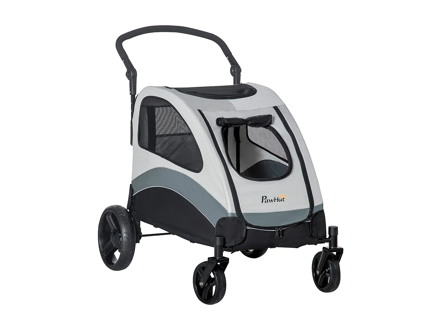 Passeggino per cani taglia media con 4 ruote e finestra a rete grigio