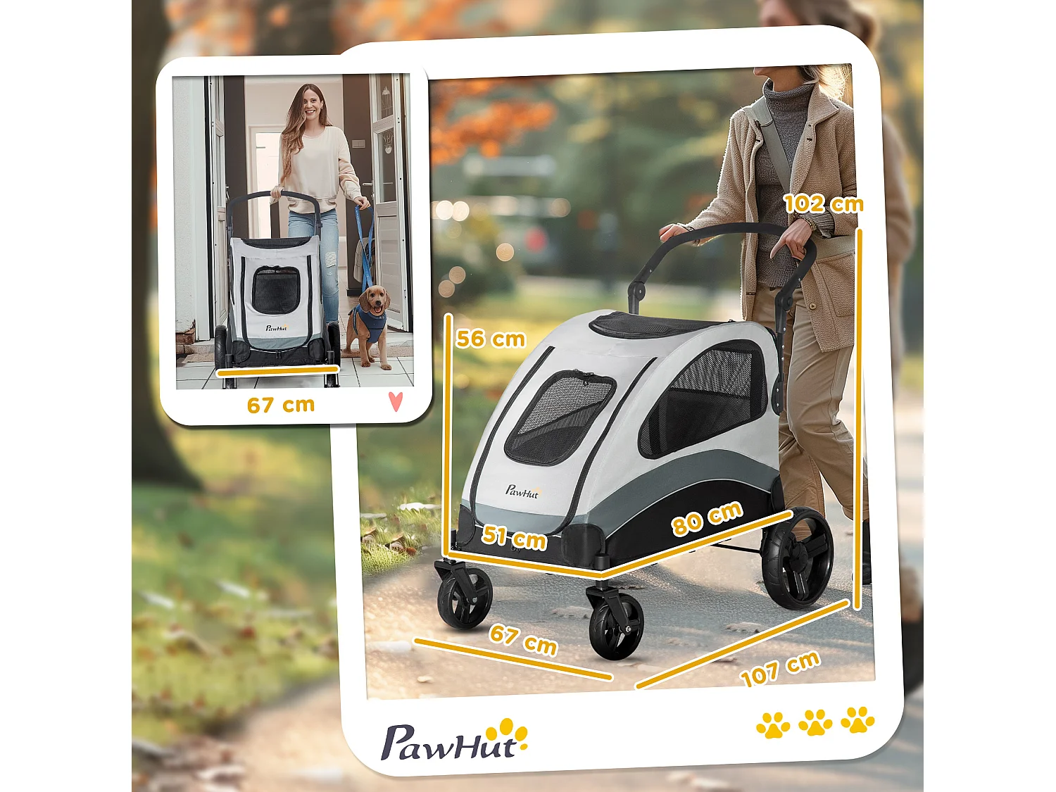 Passeggino per cani taglia media con 4 ruote e finestra a rete grigio