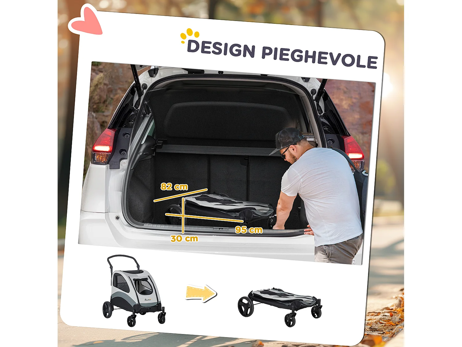 Passeggino per cani taglia media con 4 ruote e finestra a rete grigio