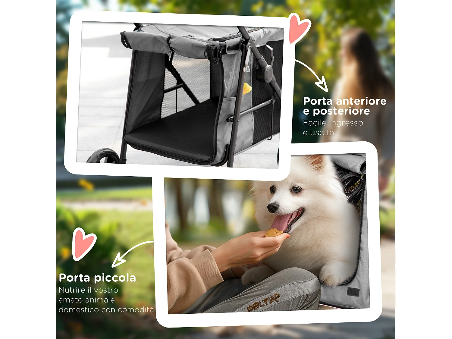 Passeggino per cani taglia media con 4 ruote e finestra a rete grigio
