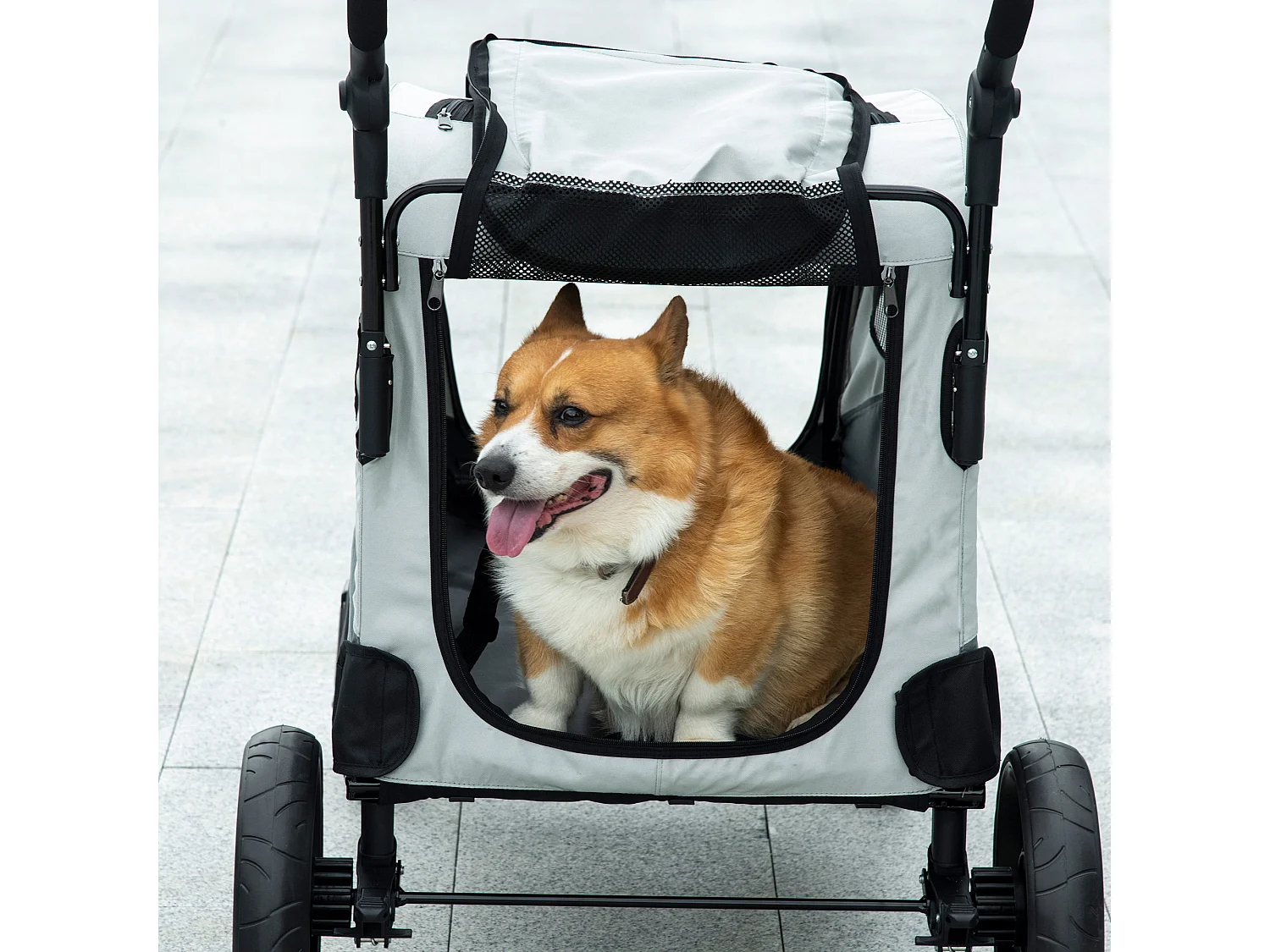 Passeggino per cani taglia media con 4 ruote e finestra a rete grigio