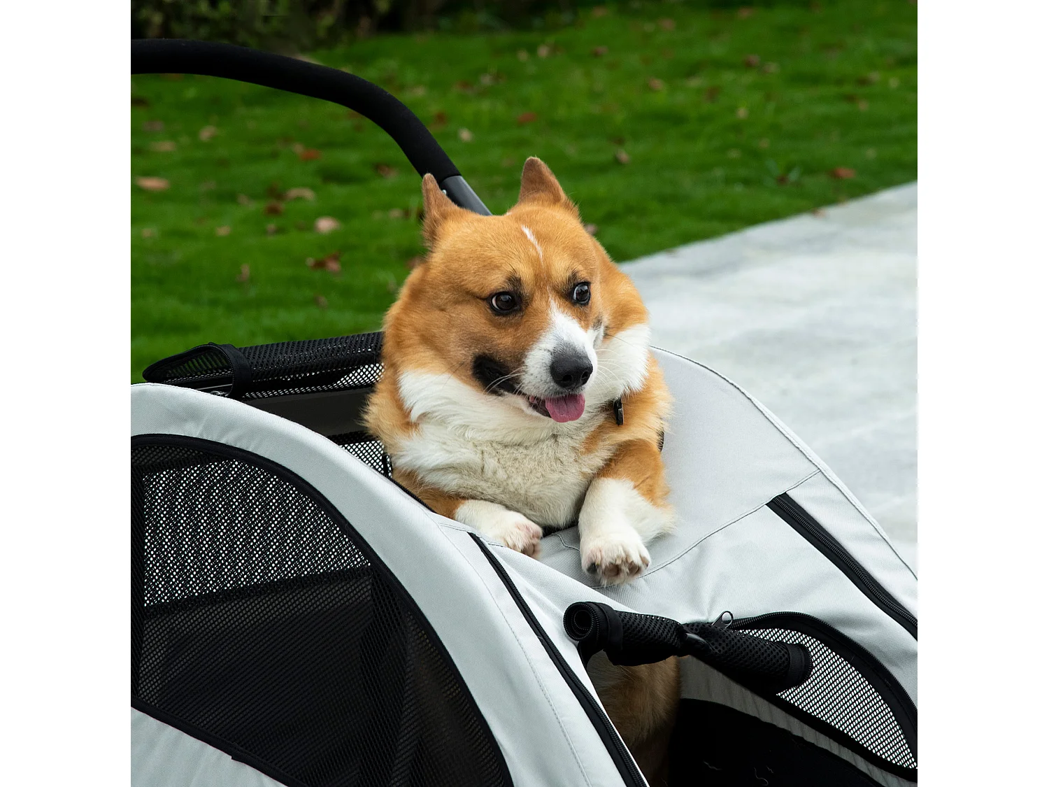 Passeggino per cani taglia media con 4 ruote e finestra a rete grigio