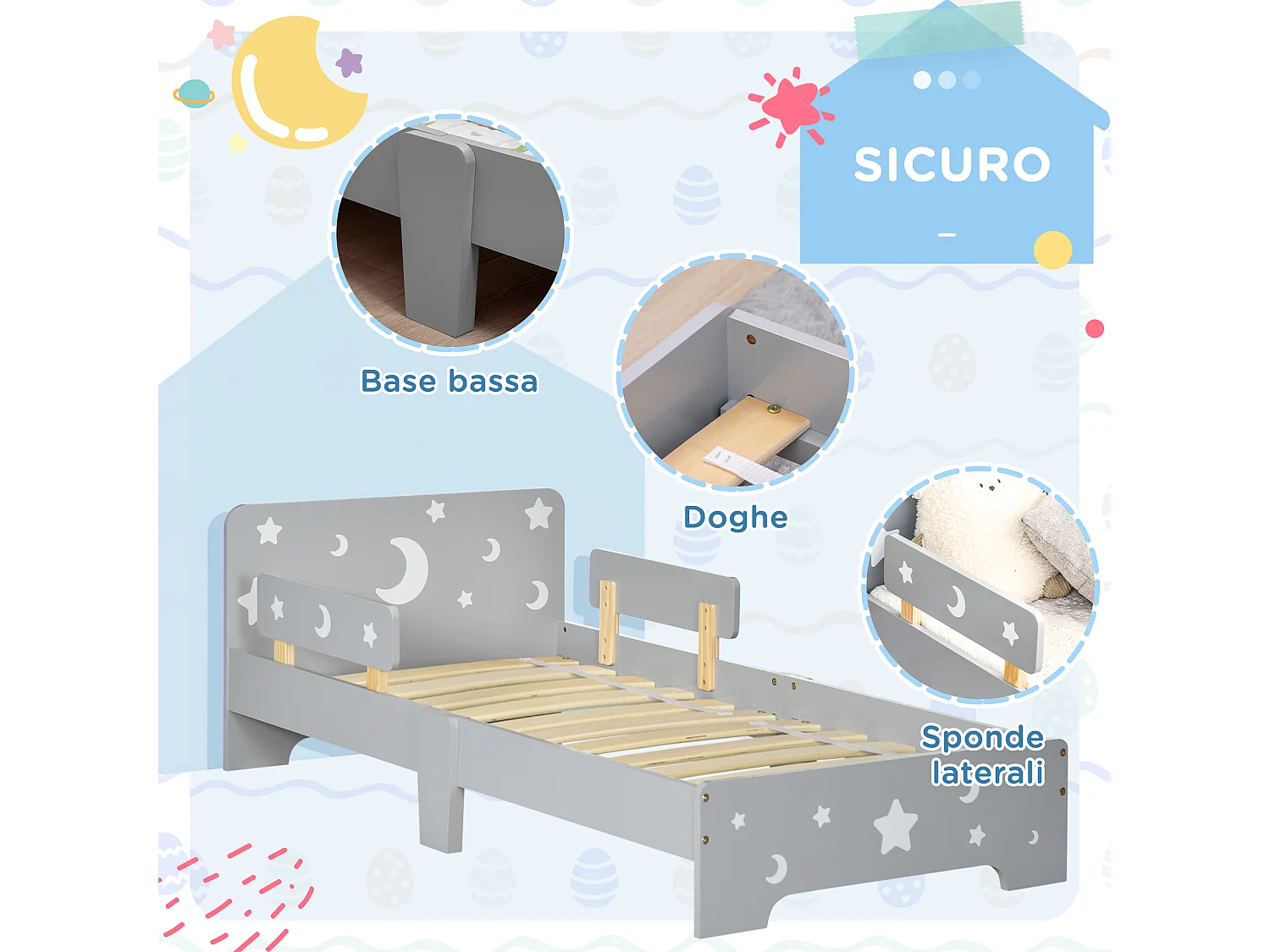 Letto per bambini 3-6 anni con pannelli di mdf e truciolato