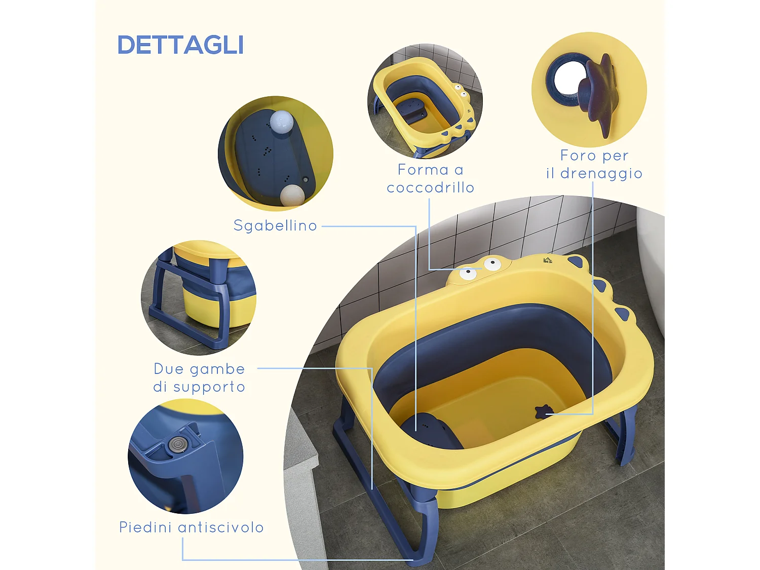 Vaschetta bagnetto pieghevole per bambini 0-6 anni blu e giallo