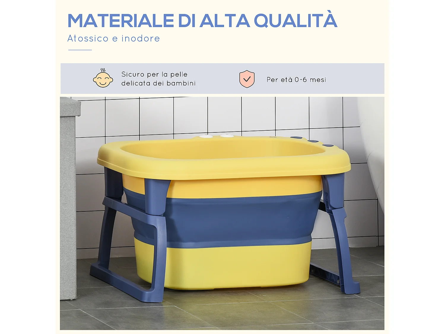 Vaschetta bagnetto pieghevole per bambini 0-6 anni blu e giallo