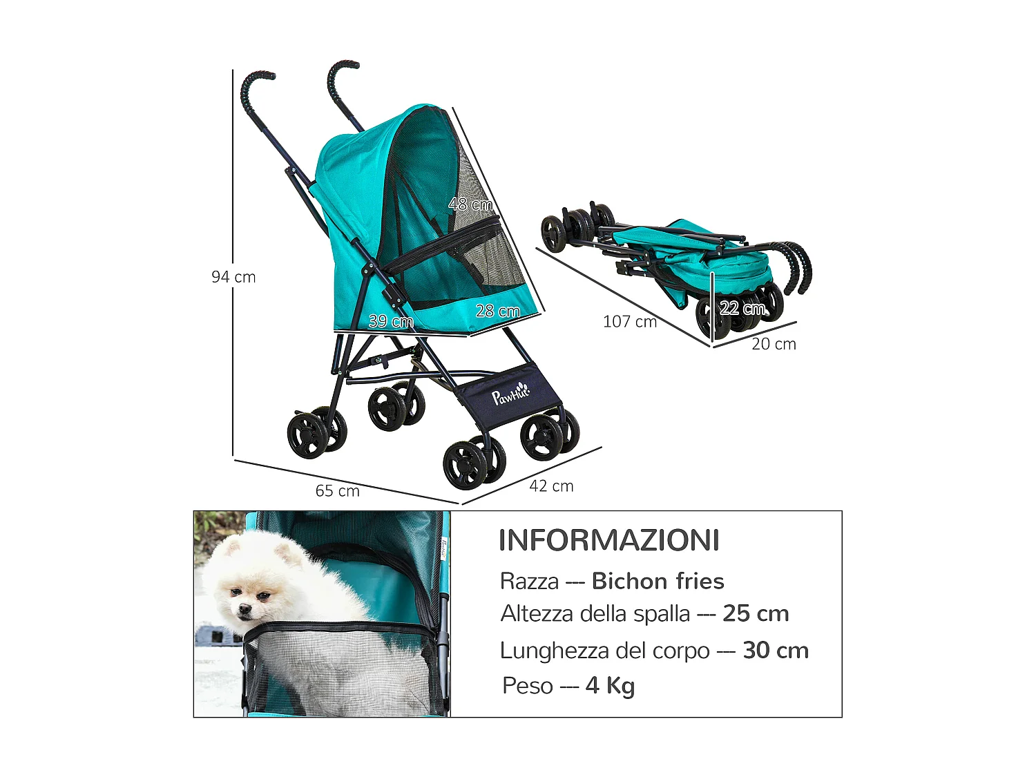 Passeggino per cani pieghevole ruote girevoli con freno in eva verde
