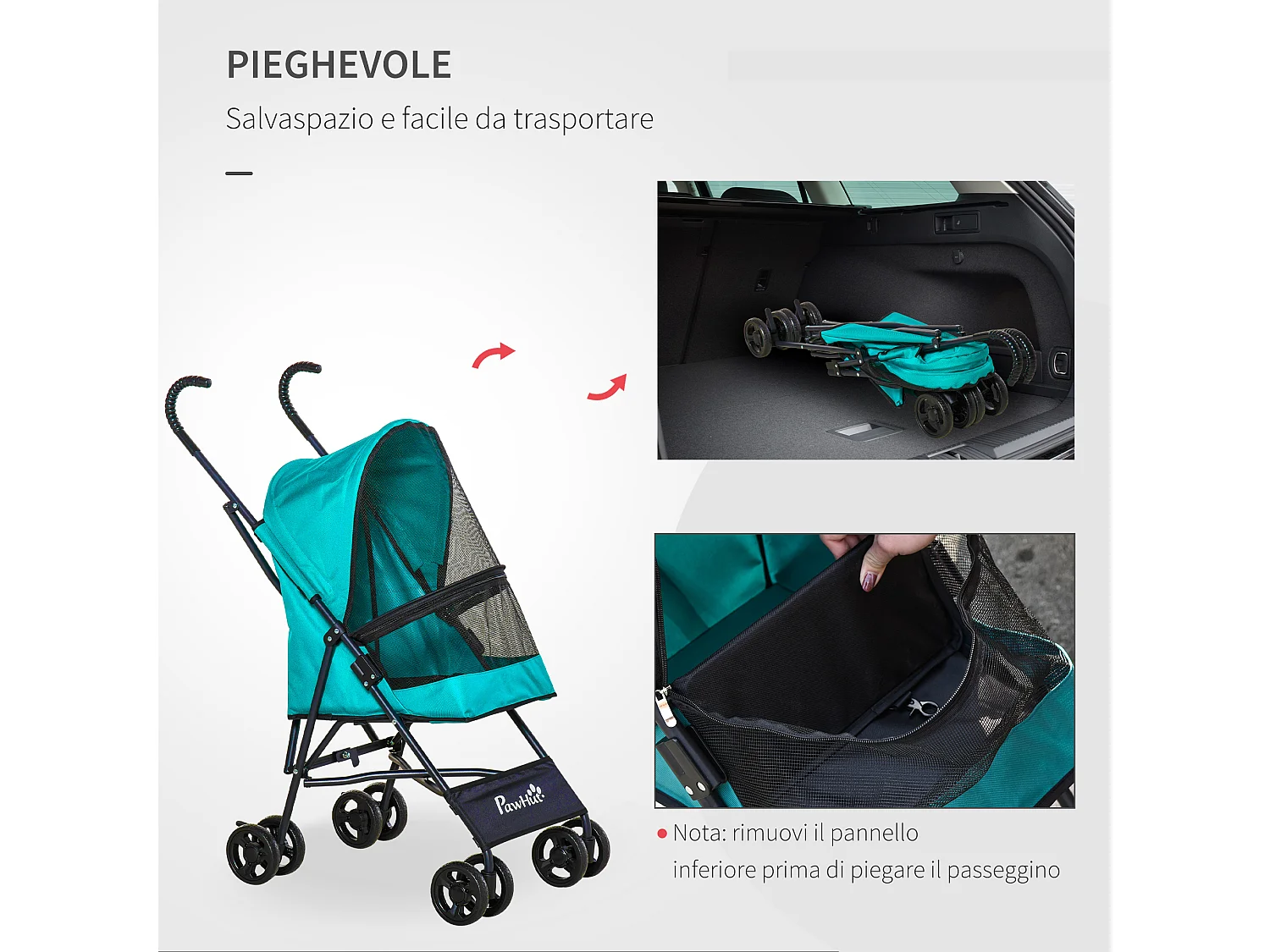 Passeggino per cani pieghevole ruote girevoli con freno in eva verde