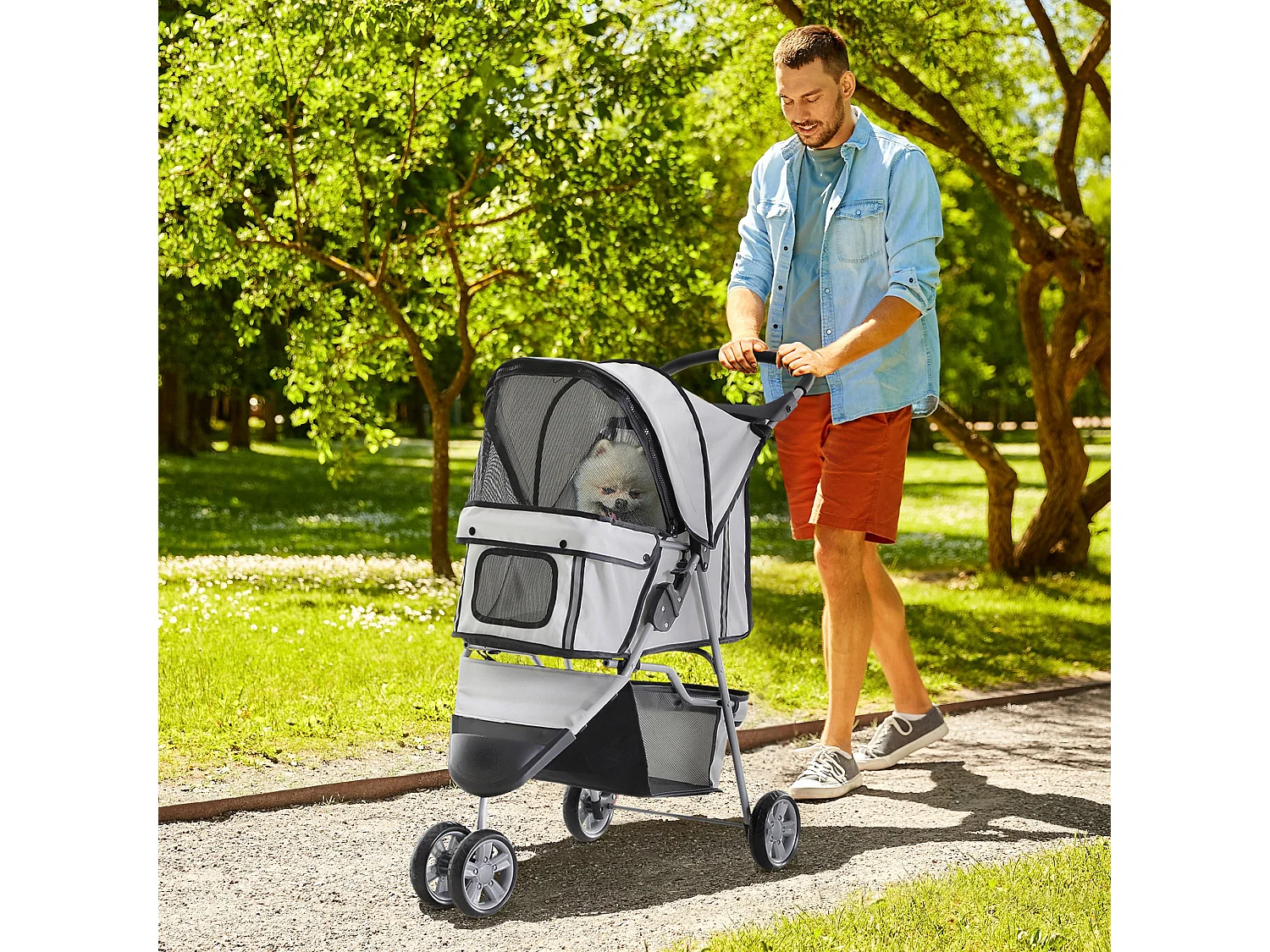 Passeggino per cani e gatti con ruote girevoli 75x45x97cm grigio