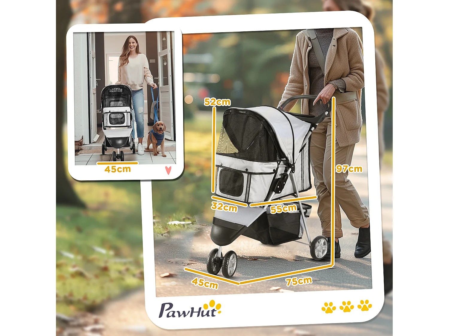 Passeggino per cani e gatti con ruote girevoli 75x45x97cm grigio