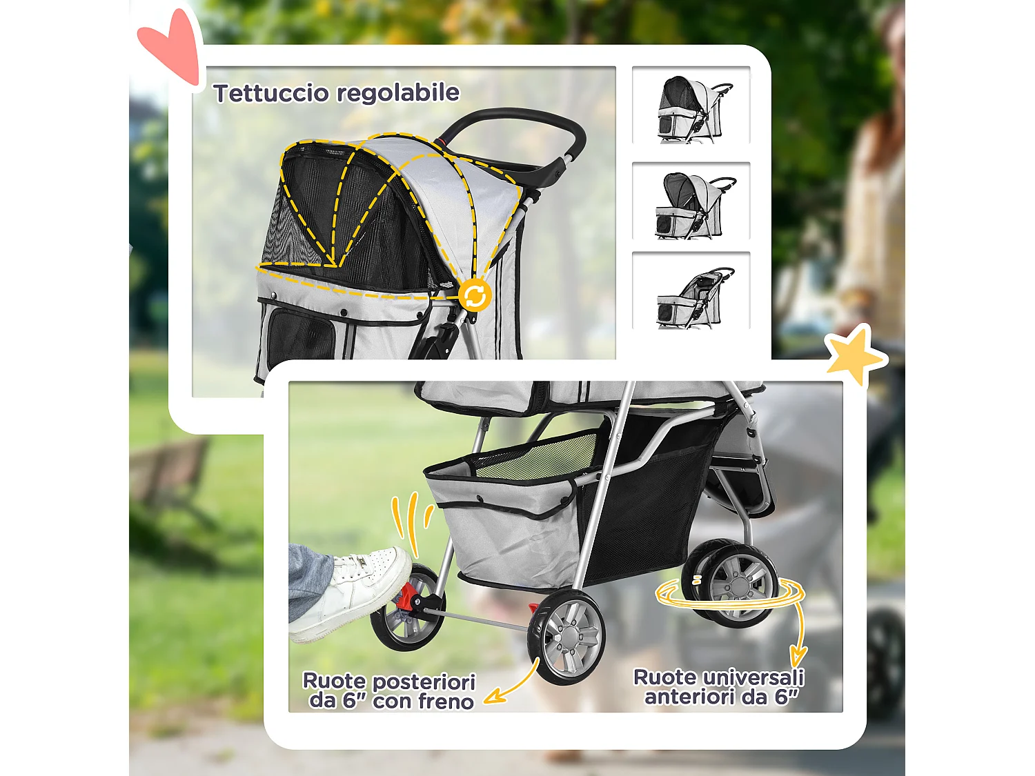 Passeggino per cani e gatti con ruote girevoli 75x45x97cm grigio