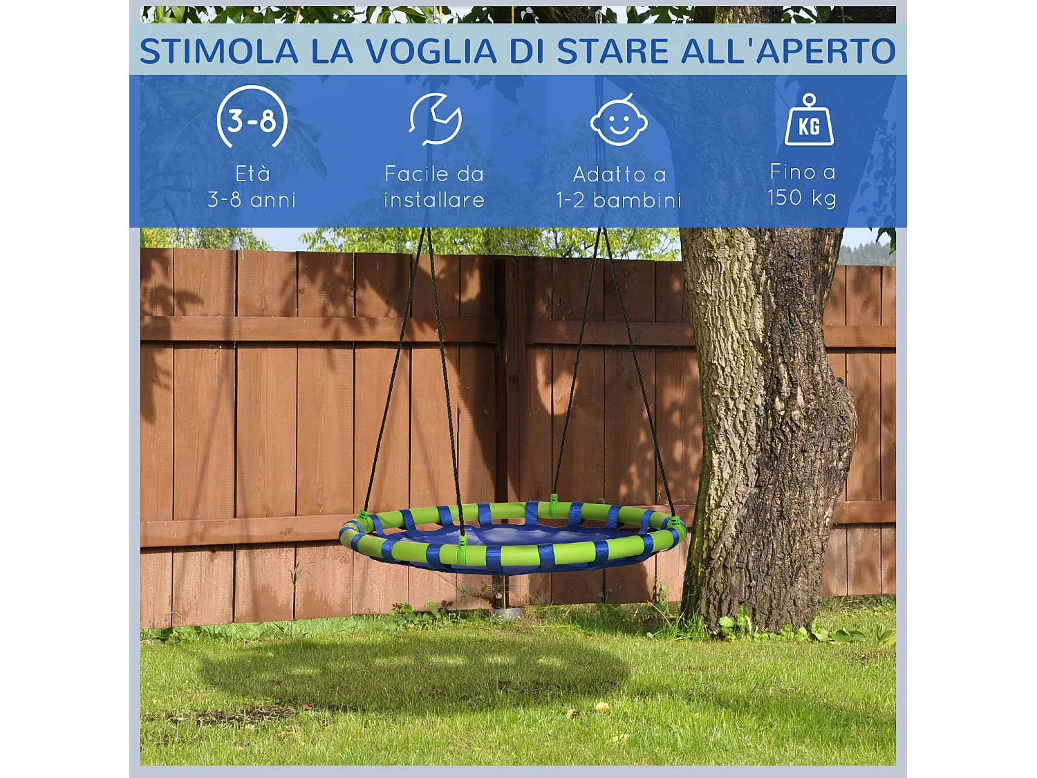 Altalena per bambini 3-8 anni ø100cm e corde regolabili