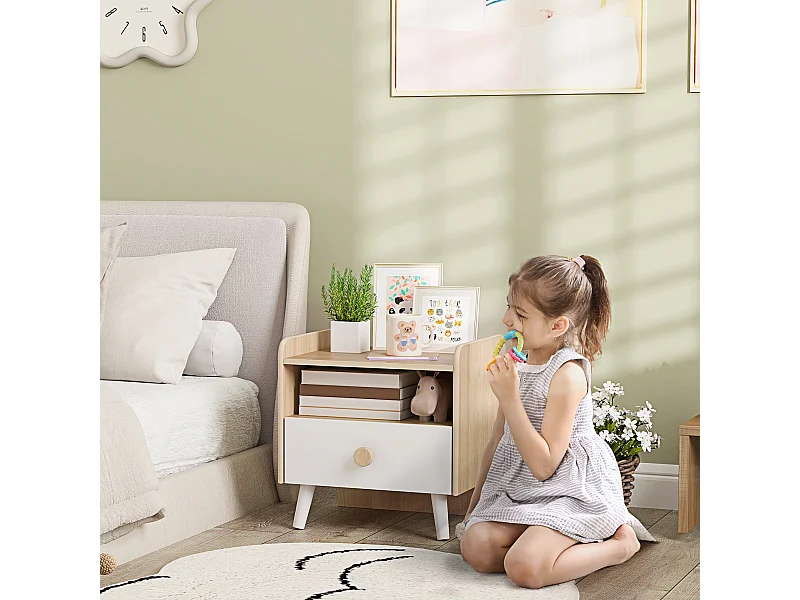 Comodino con cassetto per bambini 3-10 anni in legno bianco