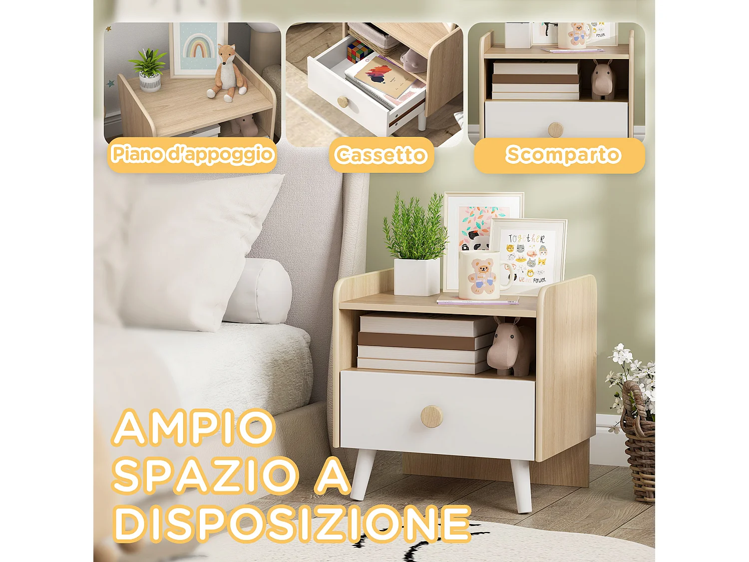 Comodino con cassetto per bambini 3-10 anni in legno bianco