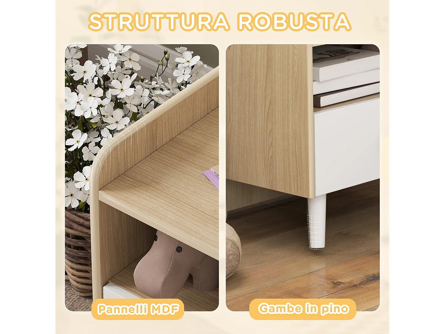 Comodino con cassetto per bambini 3-10 anni in legno bianco