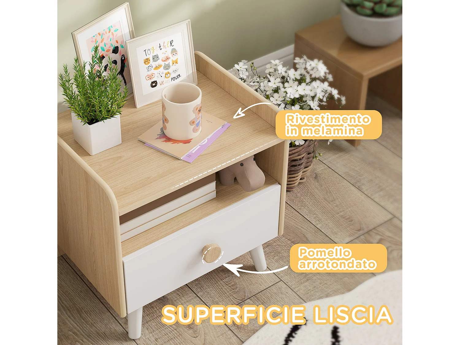 Comodino con cassetto per bambini 3-10 anni in legno bianco