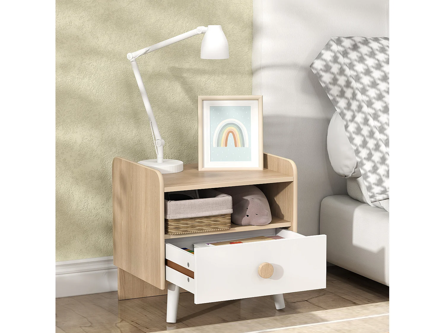 Comodino con cassetto per bambini 3-10 anni in legno bianco