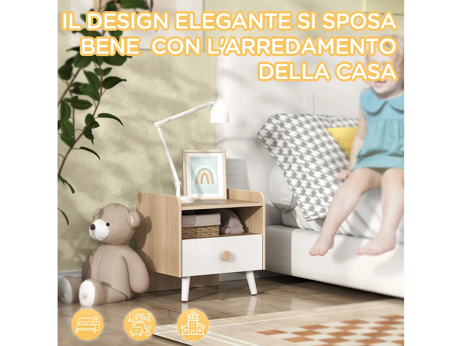 Comodino con cassetto per bambini 3-10 anni in legno bianco