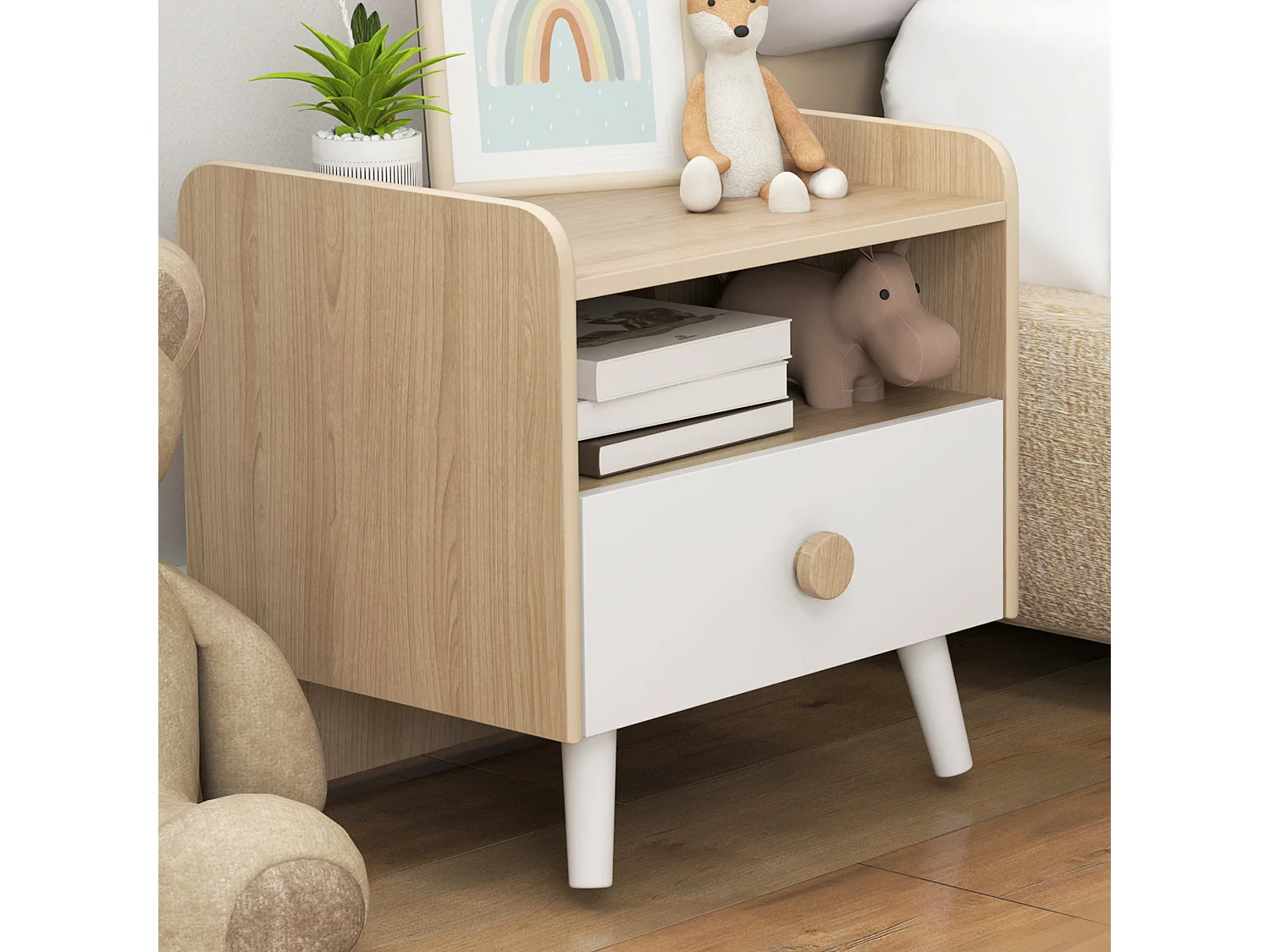Comodino con cassetto per bambini 3-10 anni in legno bianco