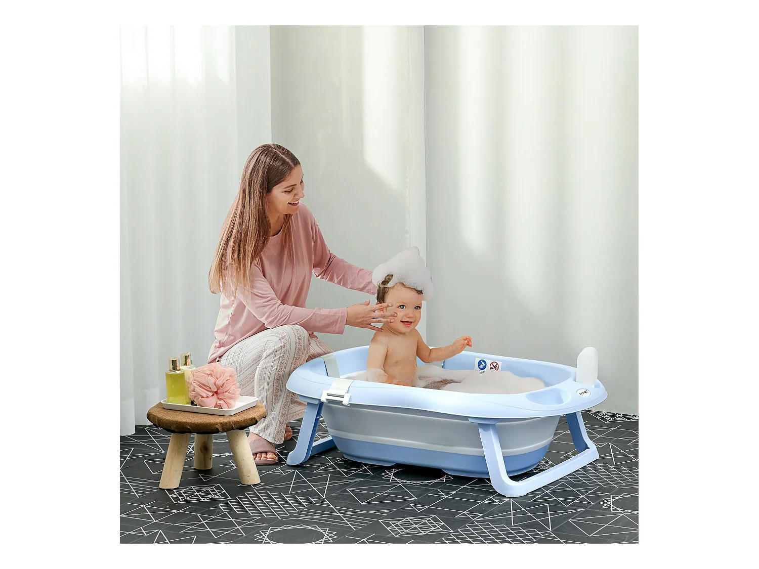 Vaschetta bagnetto pieghevole per bambini 0-6 anni blu bianco