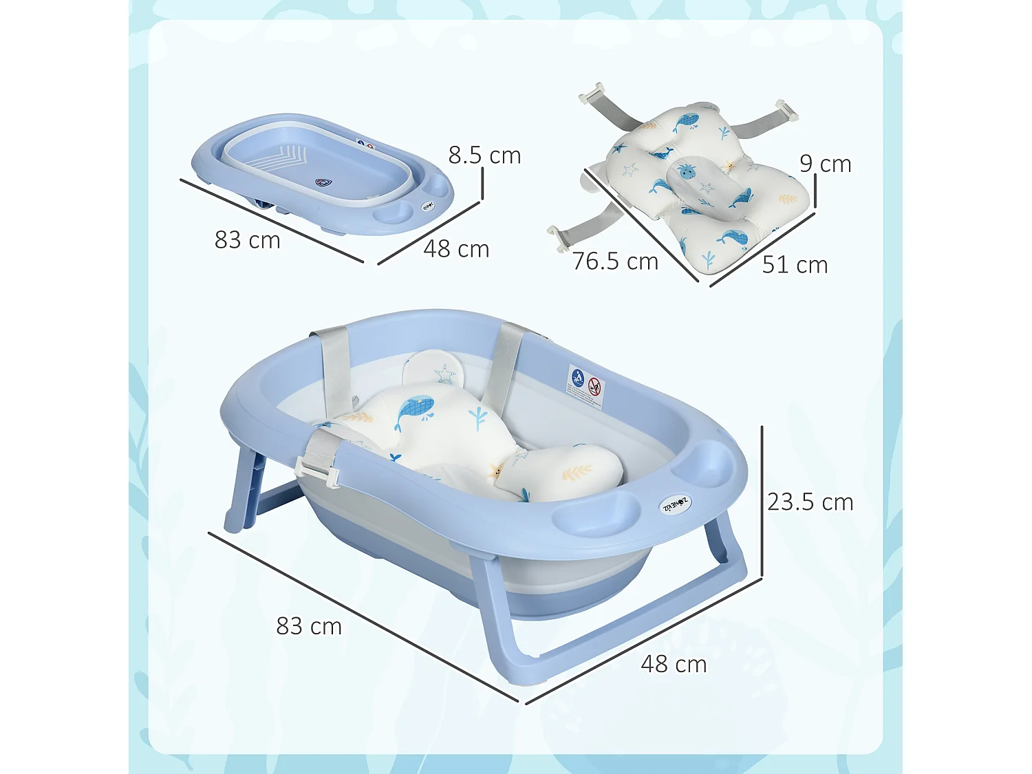 Vaschetta bagnetto pieghevole per bambini 0-6 anni blu bianco