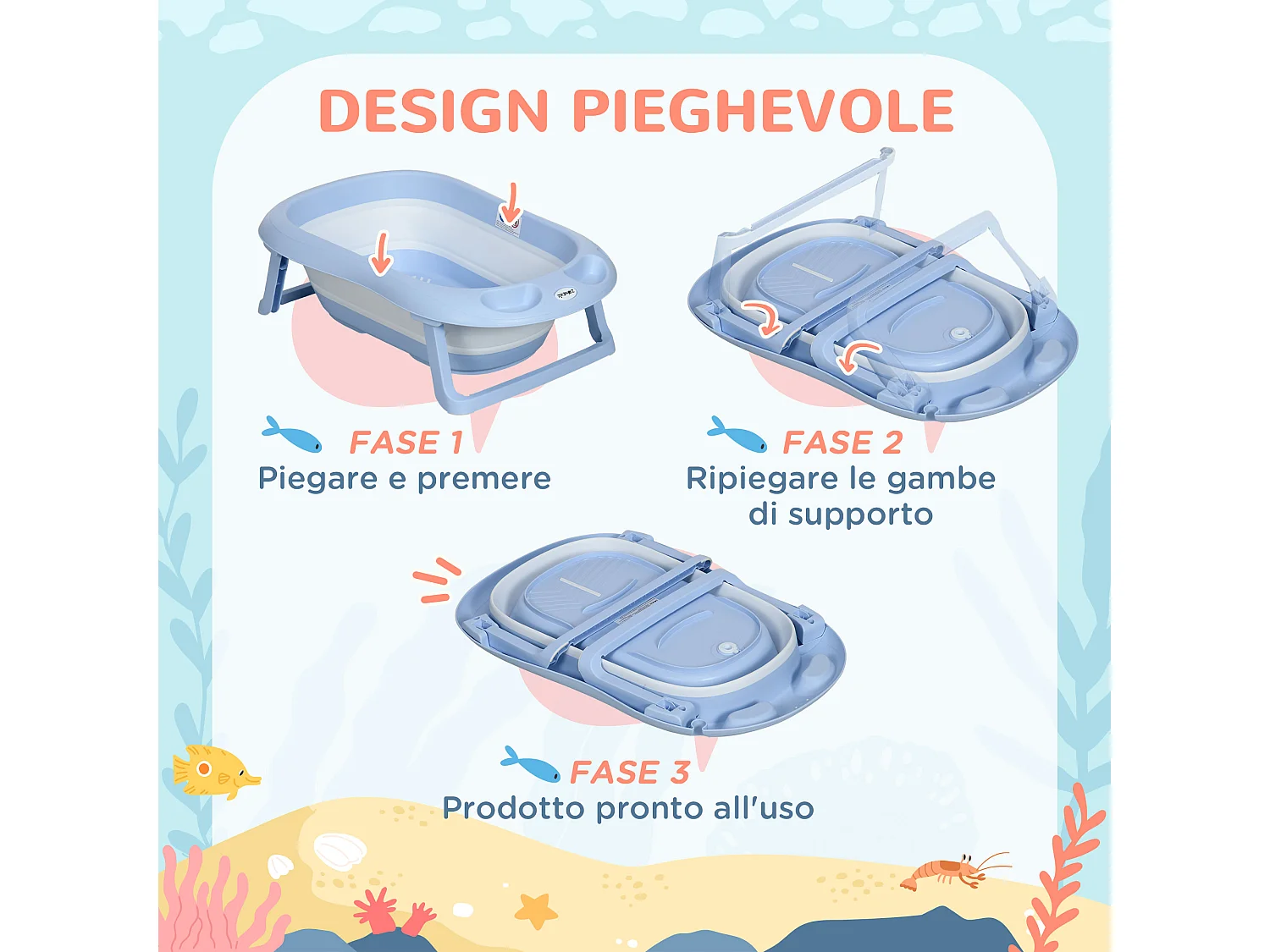 Vaschetta bagnetto pieghevole per bambini 0-6 anni blu bianco