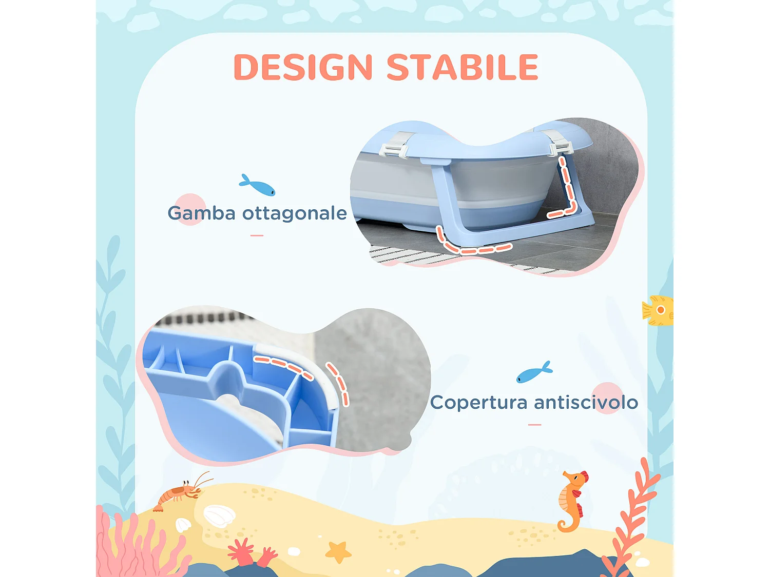 Vaschetta bagnetto pieghevole per bambini 0-6 anni blu bianco