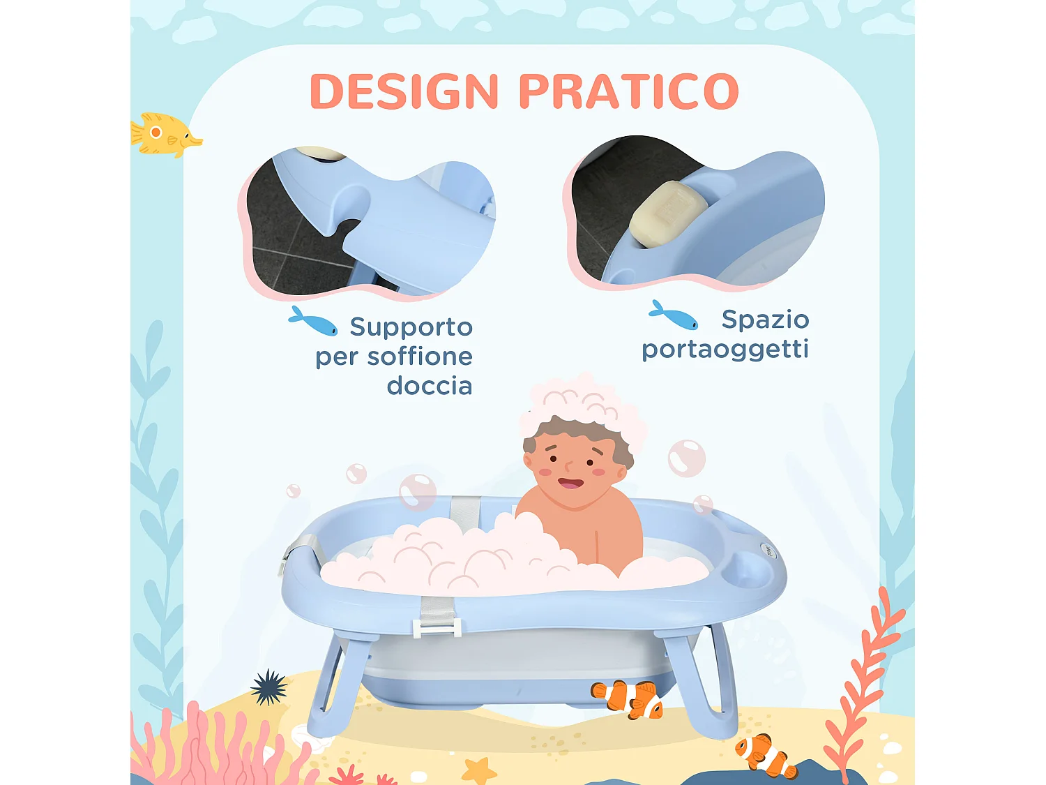 Vaschetta bagnetto pieghevole per bambini 0-6 anni blu bianco