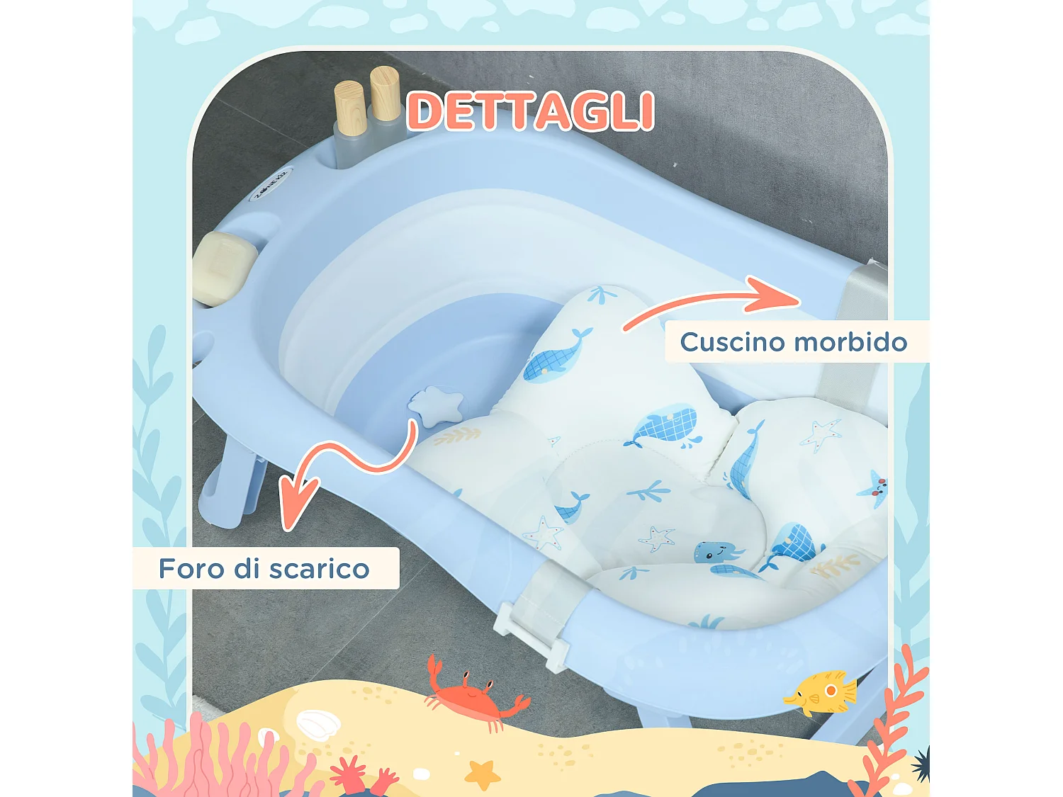 Vaschetta bagnetto pieghevole per bambini 0-6 anni blu bianco