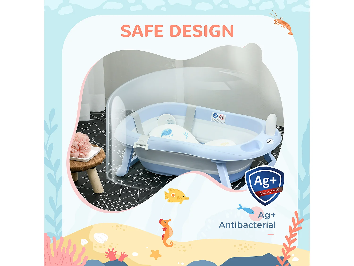 Vaschetta bagnetto pieghevole per bambini 0-6 anni blu bianco