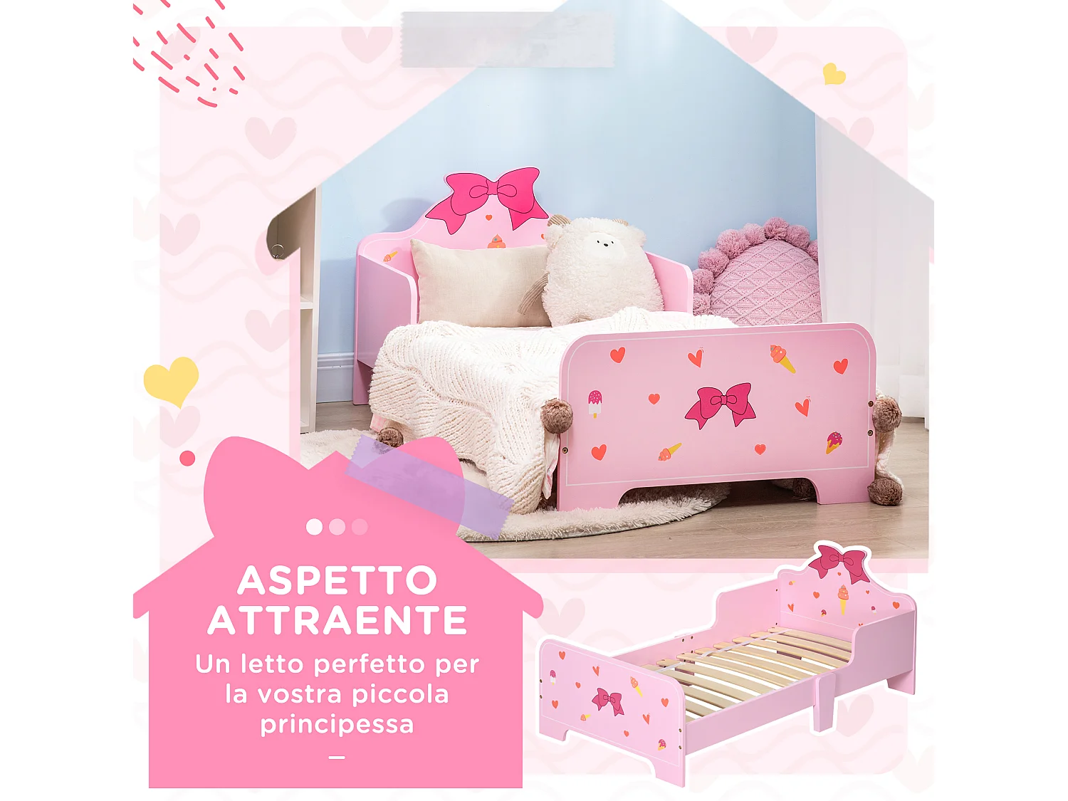 Letto per bambini con sponde e fantasia a fiocchi età 3-6 anni rosa