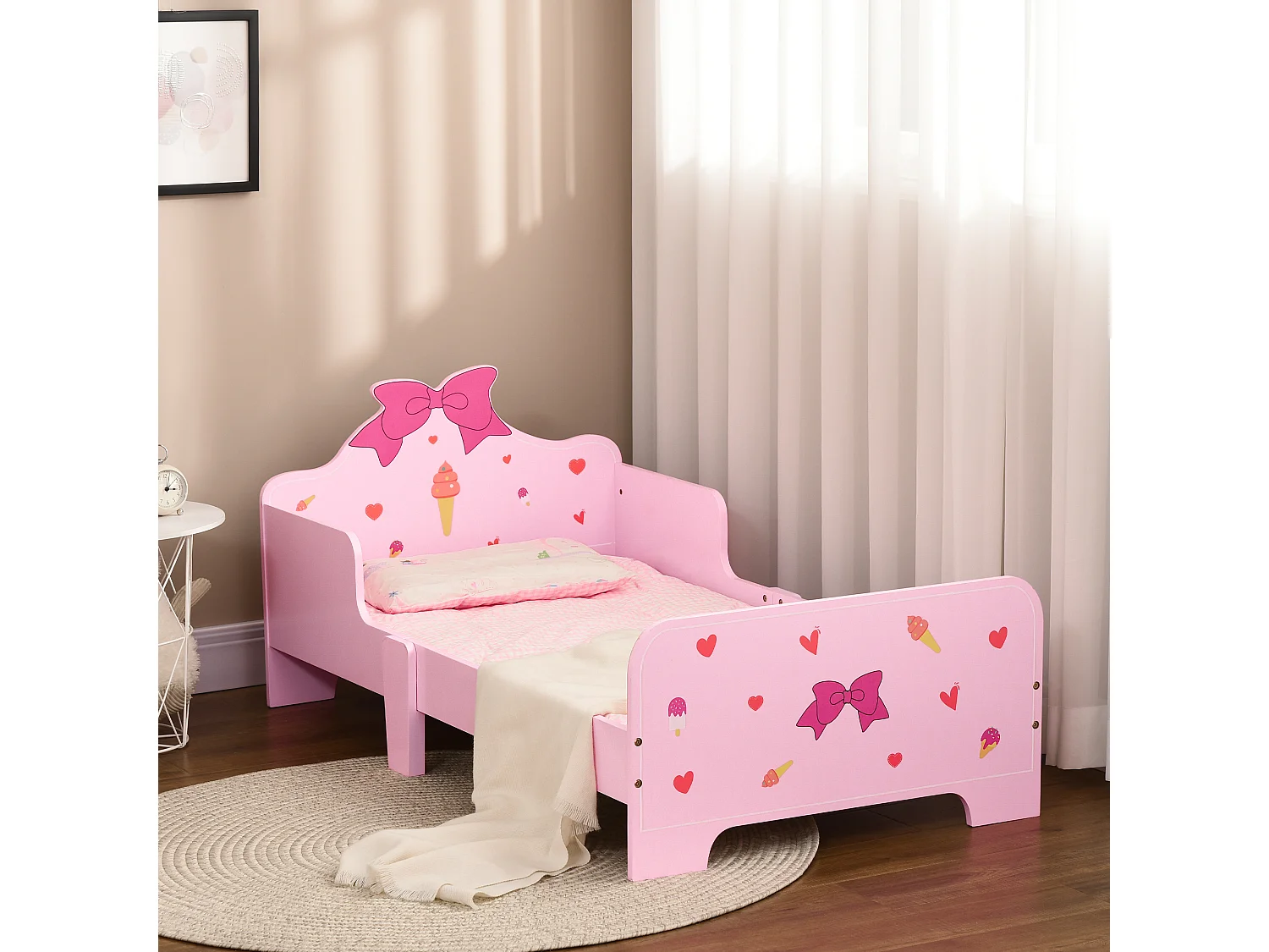 Letto per bambini con sponde e fantasia a fiocchi età 3-6 anni rosa