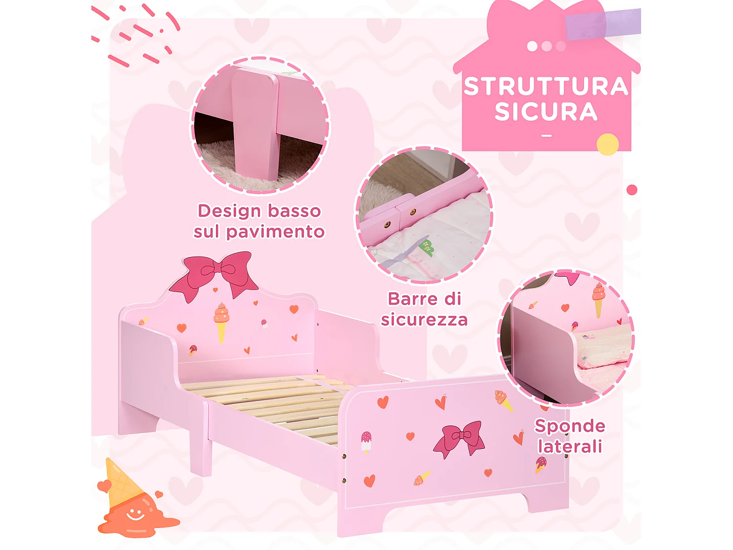 Letto per bambini con sponde e fantasia a fiocchi età 3-6 anni rosa
