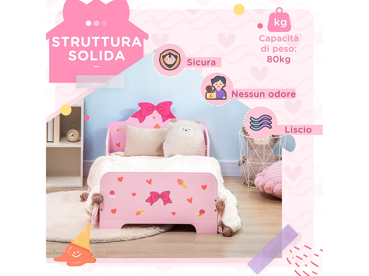 Letto per bambini con sponde e fantasia a fiocchi età 3-6 anni rosa