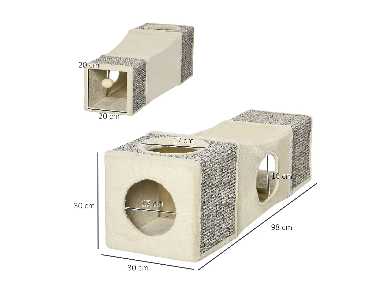Tunnel per gatti pieghevole con pallina e tiragraffi in sisal crema