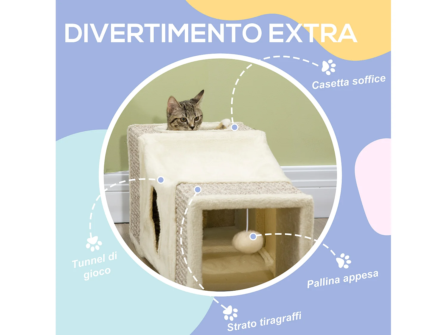 Tunnel per gatti pieghevole con pallina e tiragraffi in sisal crema