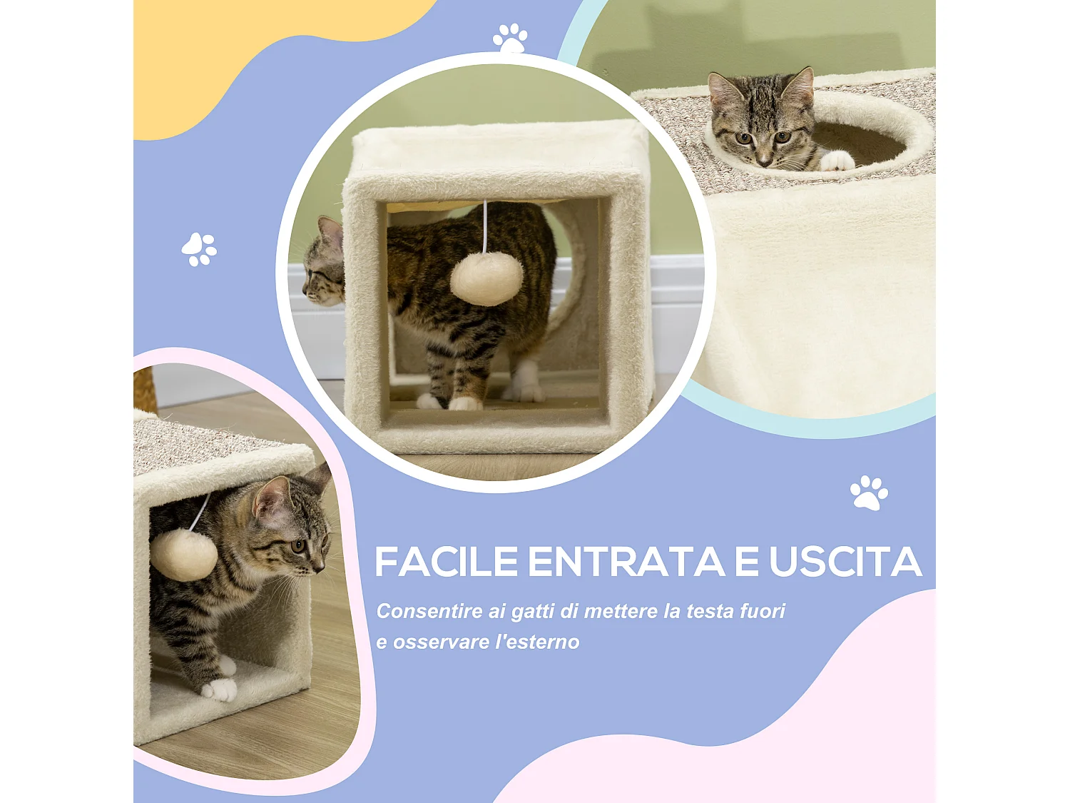 Tunnel per gatti pieghevole con pallina e tiragraffi in sisal crema