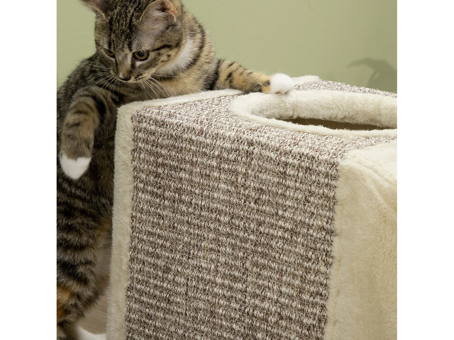 Tunnel per gatti pieghevole con pallina e tiragraffi in sisal crema