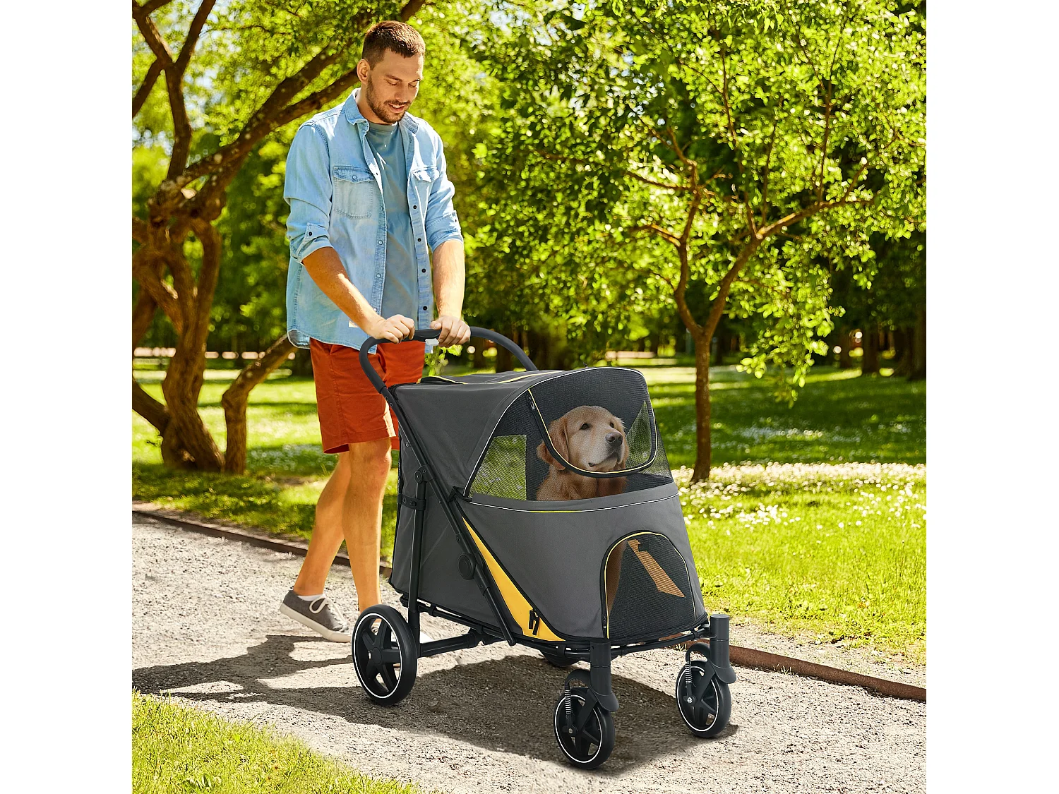 Passeggino pieghevole per cani taglia media con ingressi a cerniera