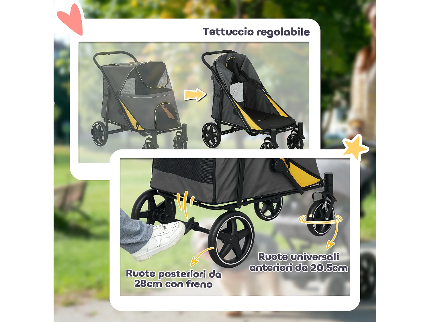 Passeggino pieghevole per cani taglia media con ingressi a cerniera