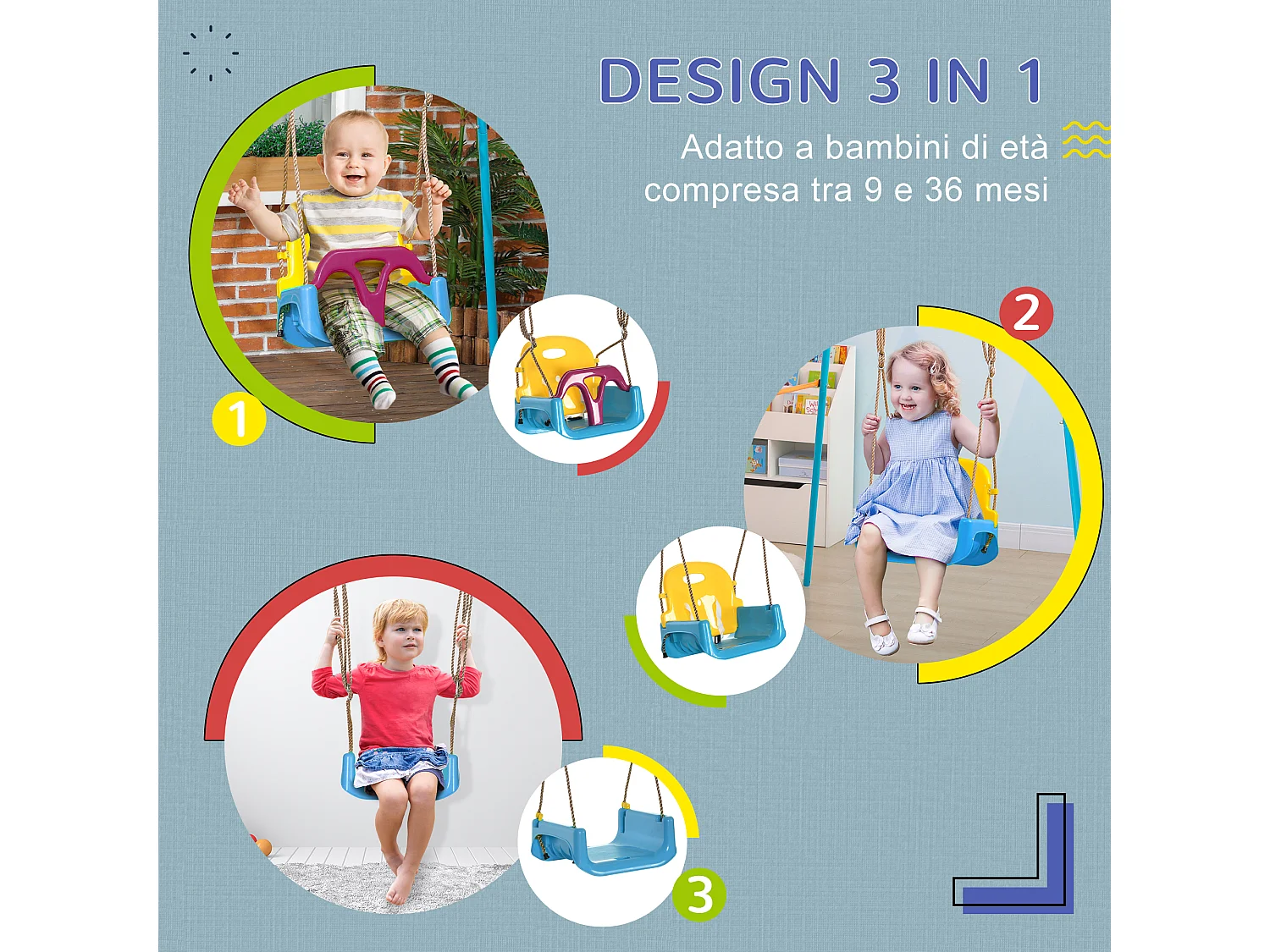 Altalena per bambini 3 in 1 con cintura e corda regolabile blu
